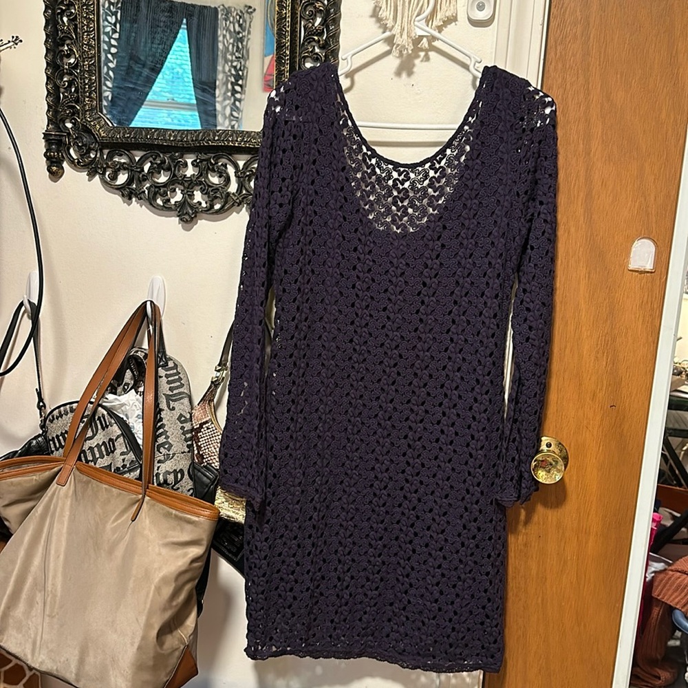 Free People Crochet Knit Long Sleeve Dress in Deep Purple